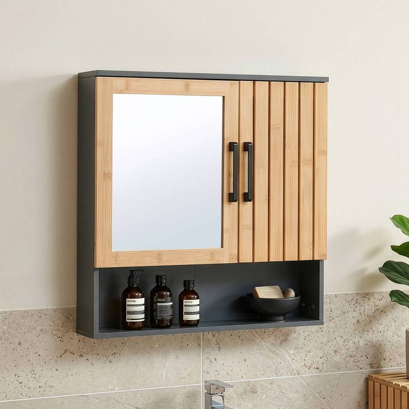 TEMU Mirror Cabinet Bathroom Swan 58 X 56 X 13 Doors 1 Open Shelf Bamboo Front Dark Grey/natural