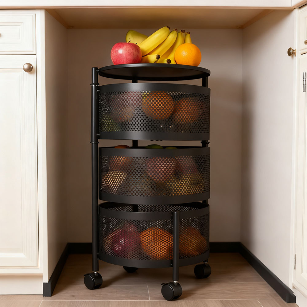 TEMU 1pc Multi-functional 360° Rotating Cart, Round Carbon Steel Storage Organizer With Locking Wheels, Large Capacity Vegetable Rack For Kitchen &