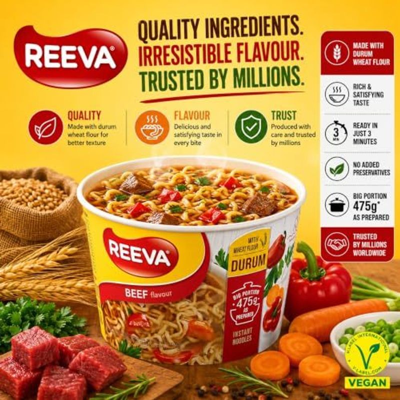 REEVA Instant Noodle Cups, 75g Each (Pack of 12)