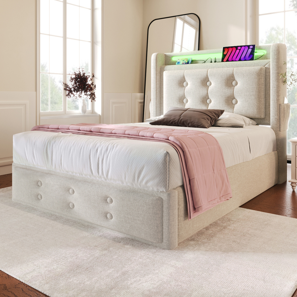 90x200 Bed With Storage Box And 4 Drawers – Upholstered Bed In Gray/beige, Gas Spring, Cotton-linen, Non-electronic