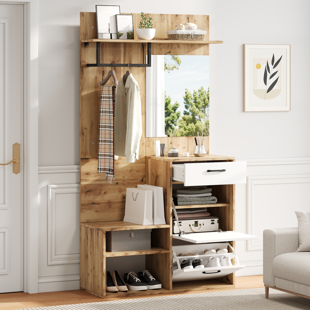 Image of 100*38.5*190cm, Modern Floor Unit With Coat Hooks, Folding Door, Shoe Cabinet, Stable Chipboard, -bearing Capacity, Space-, Decorative Storage For Home.