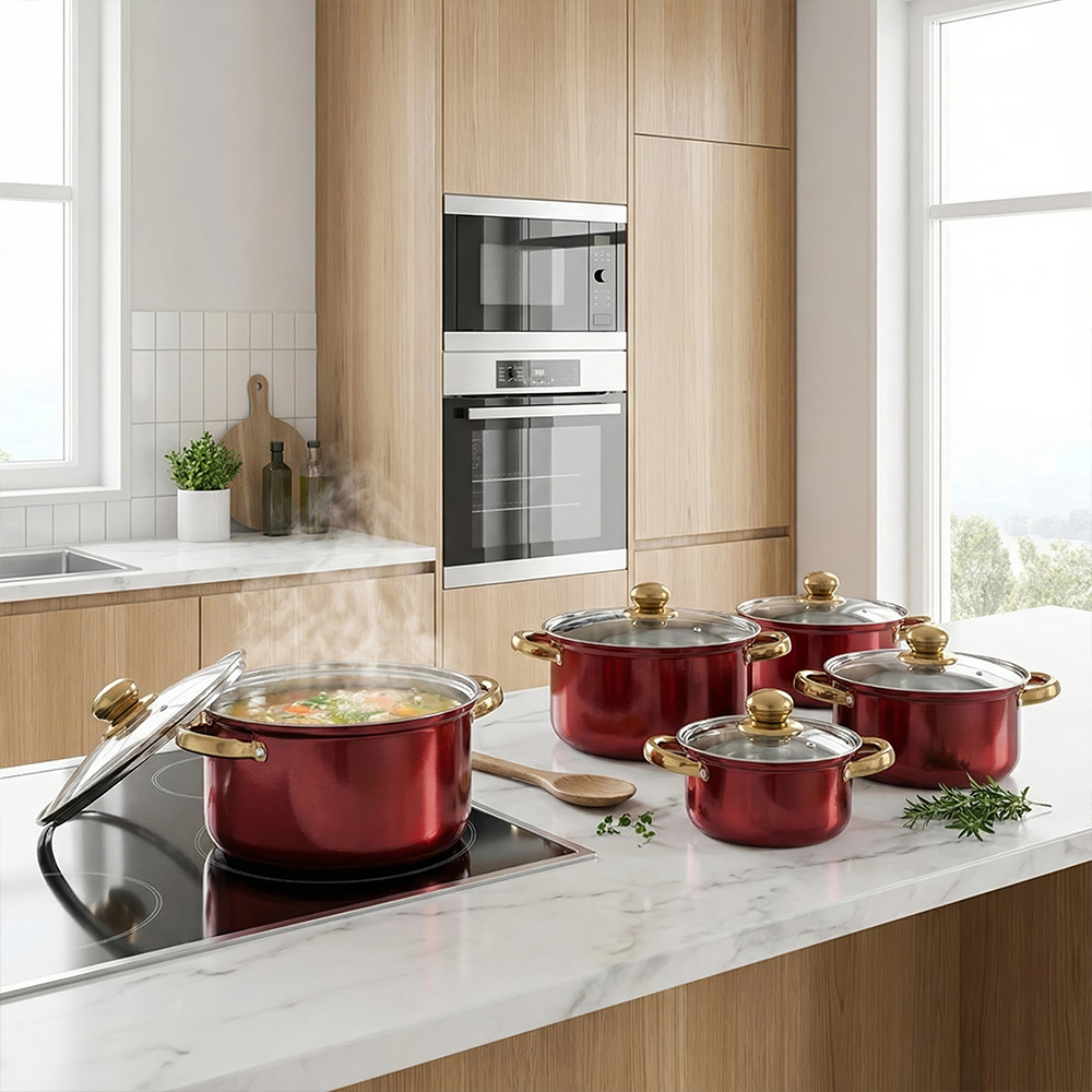 TEMU 10pcs Multifunctional Stainless Steel Soup Pot Set, Milk Pot For Daily Kitchen Cooking, Hot Pot And , Sturdy Gold-plated Handles, Red