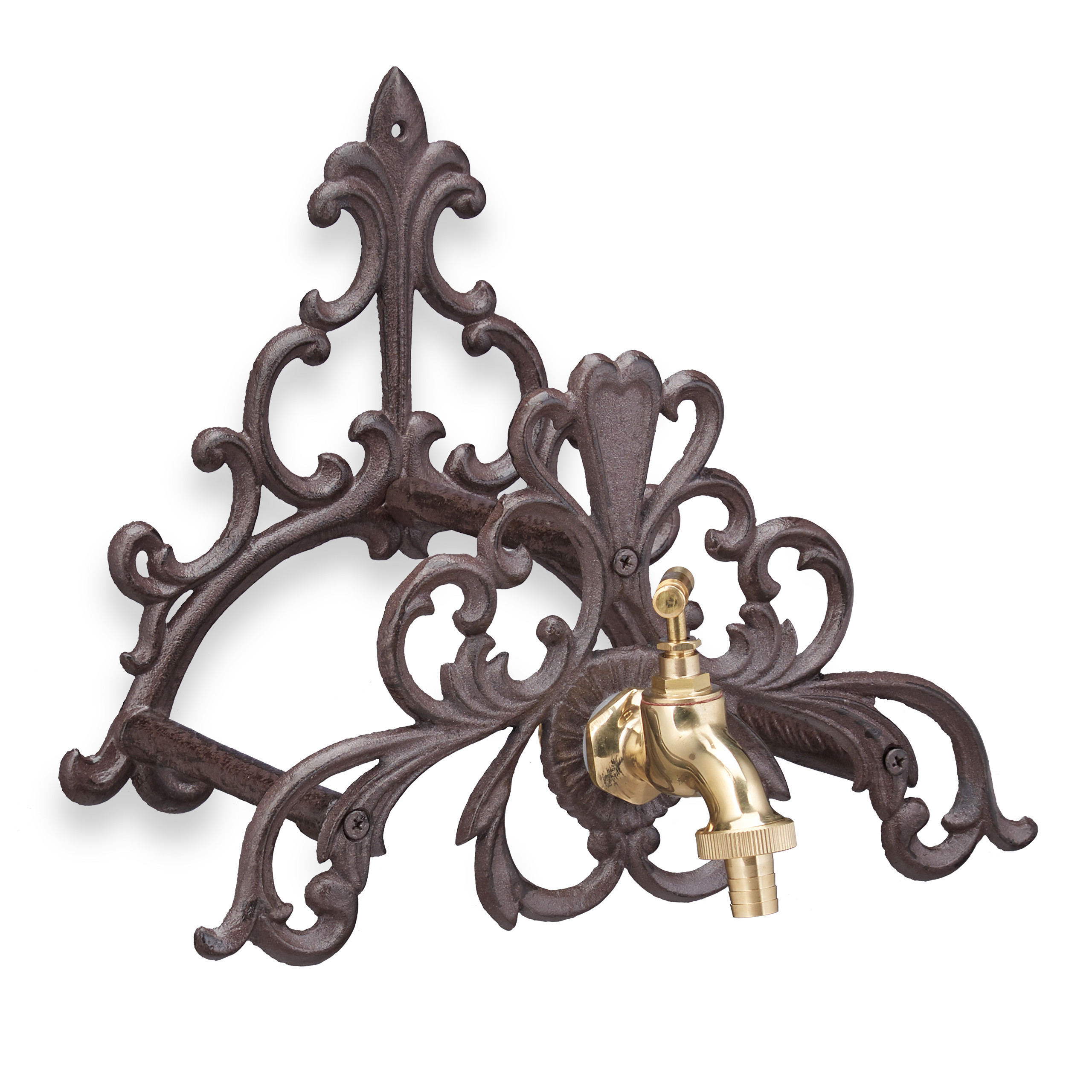 TEMU Soporte para manguera antiguo, hierro fundido, con conexión de grifo de 3/4 pulgadas, marrón , 25.5 x x 23 cm, soporte mural para manguera de