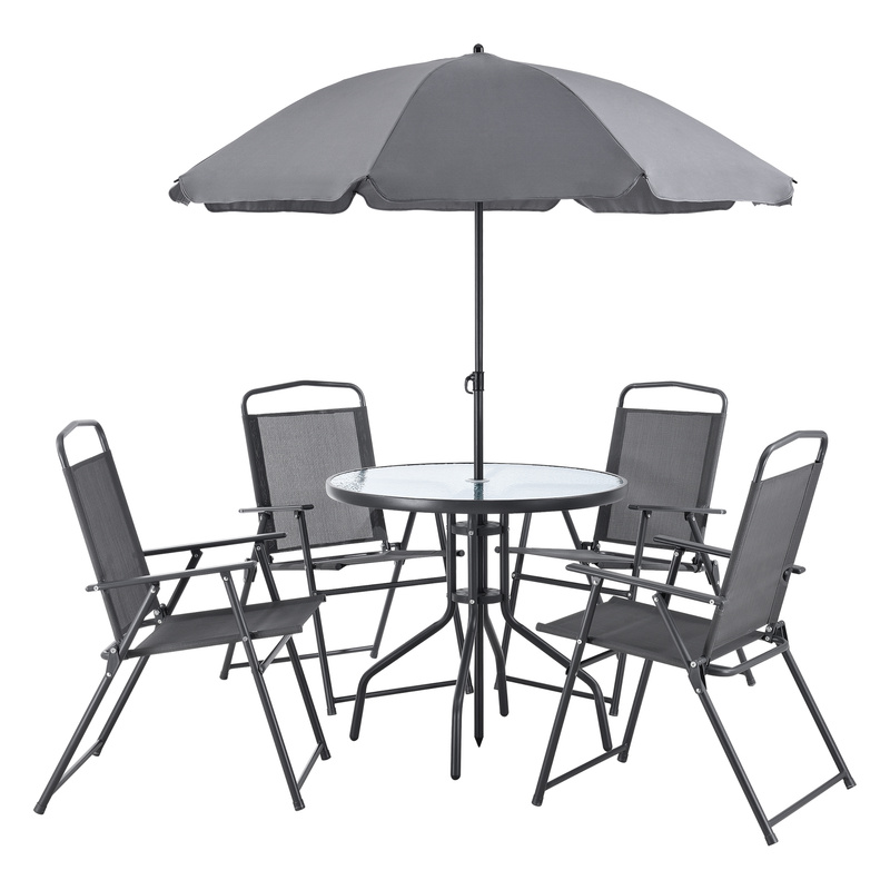 Image of 6pcs Garden Furniture Set, Lounge Set, Seating Group, Terrace Seating Set, Table, 4 Chairs And Sun Umbrella, Weather-resistant, Black, Dark Grey