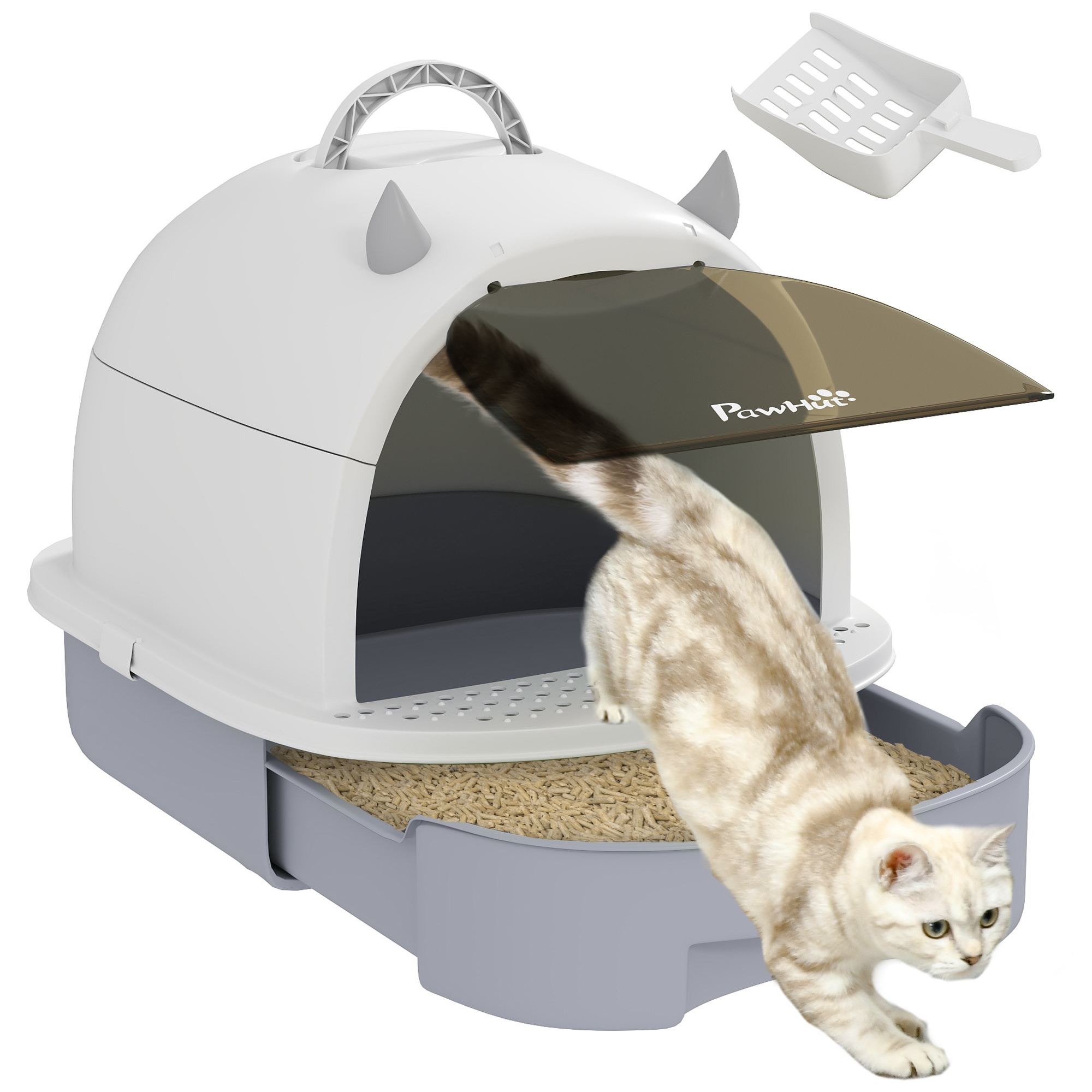 Pawhut Covered Cat Litter Box Enclosed Cat Litter Box With Removable Top Tray Detachable Filter Carbon Scoop And Top Handle 40.5x52x39 Cm