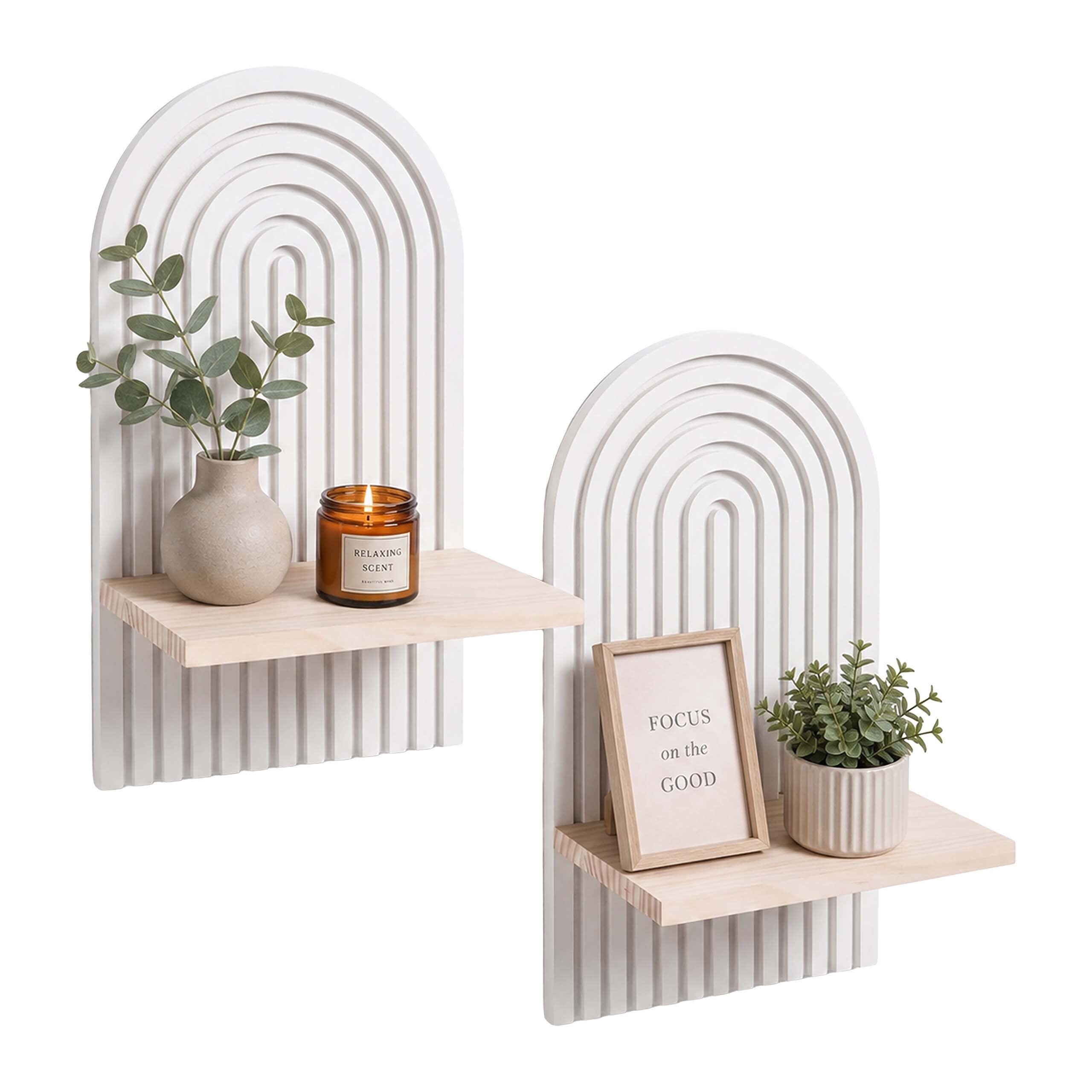 TEMU Wandregale bogenförmig, 2er Set, geriffelte Kiefernholz-Regale, 35 x 18 x 13 cm, Natur-Weiß, bis 5 kg belastbar, inklusive Montagematerial, für