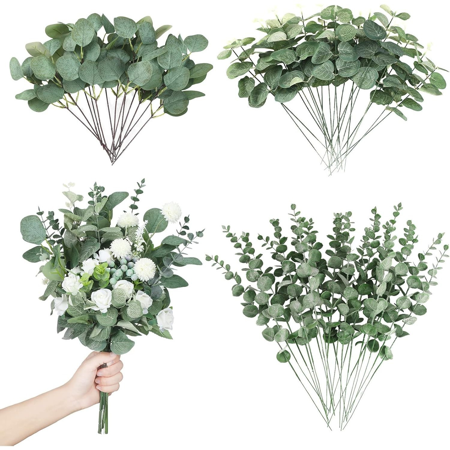 E-shop ANNERSAT 90 Stück 3 Arten gemischte Eukalyptusblätter Stiele Großpackung künstliche Picks getrocknetes Eukalyptusbündel Kunstblumenspray für