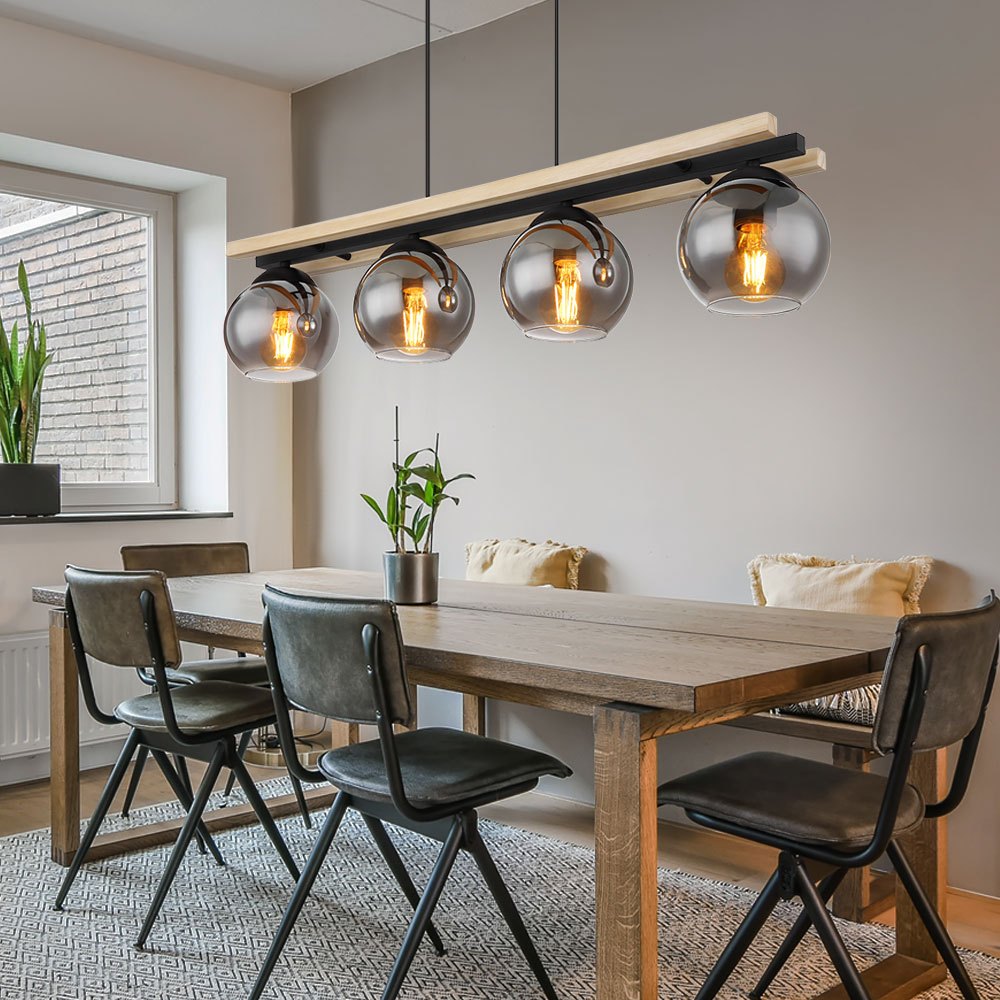 Pendant Lamp Wooden Optic Dining Room Lamp Country House Pendant Lamp 4-flame, Black Metal, 4x E27 Socket, Lxbxh 85x15x120 Cm