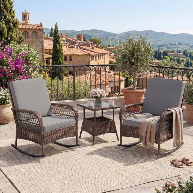 3pcs patio furniture set 2 rocking chairs rattan side table outdoor wicker chairs glider with tempered glass tabletop for deck porch garden poolside