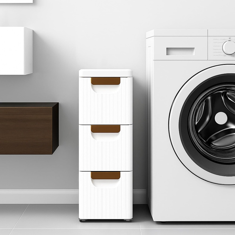 Image of White Narrow Cabinet With 3 Drawers And Wheels – Storage Furniture For Bathroom, Kitchen, Living Room, Versatile Use