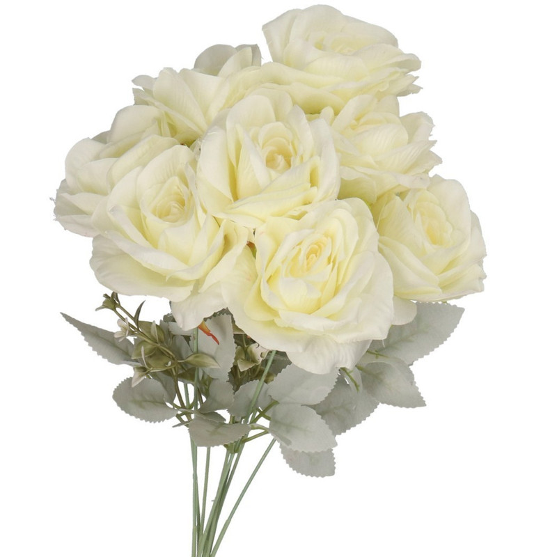 Image of Artificial Flowers Plants Roses Bouquet Dense Xxl 50 Cm Creamy Satin Heads 9 Pieces Decoration For Office Living Room Dining Room Bathroom Vase