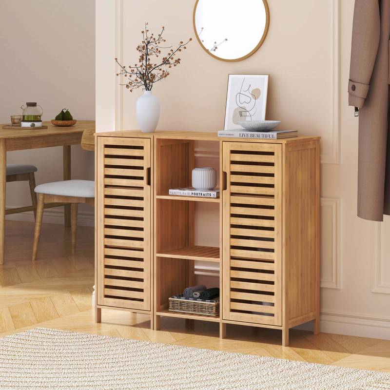 TEMU Haksera Ensemble de 2 buffets latéraux avec 2 portes à lattes et 3 compartiments , 87 x 33 cm, Bambou naturel