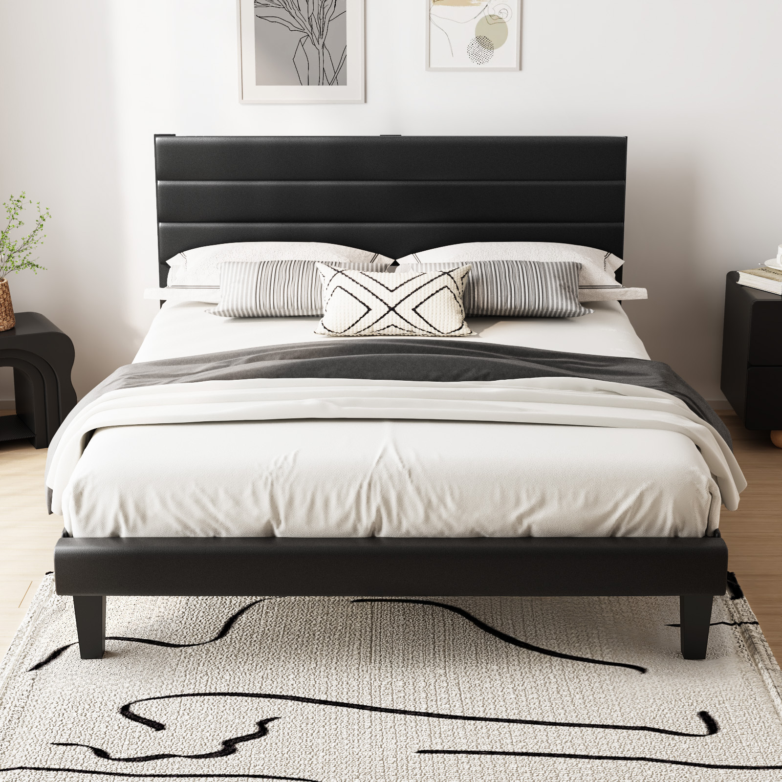 Upholstered Bed 140x200 Cm, Adjustable Headboard, Bed Frame With Wooden Slatted Base, Pu Leather, Without Mattress