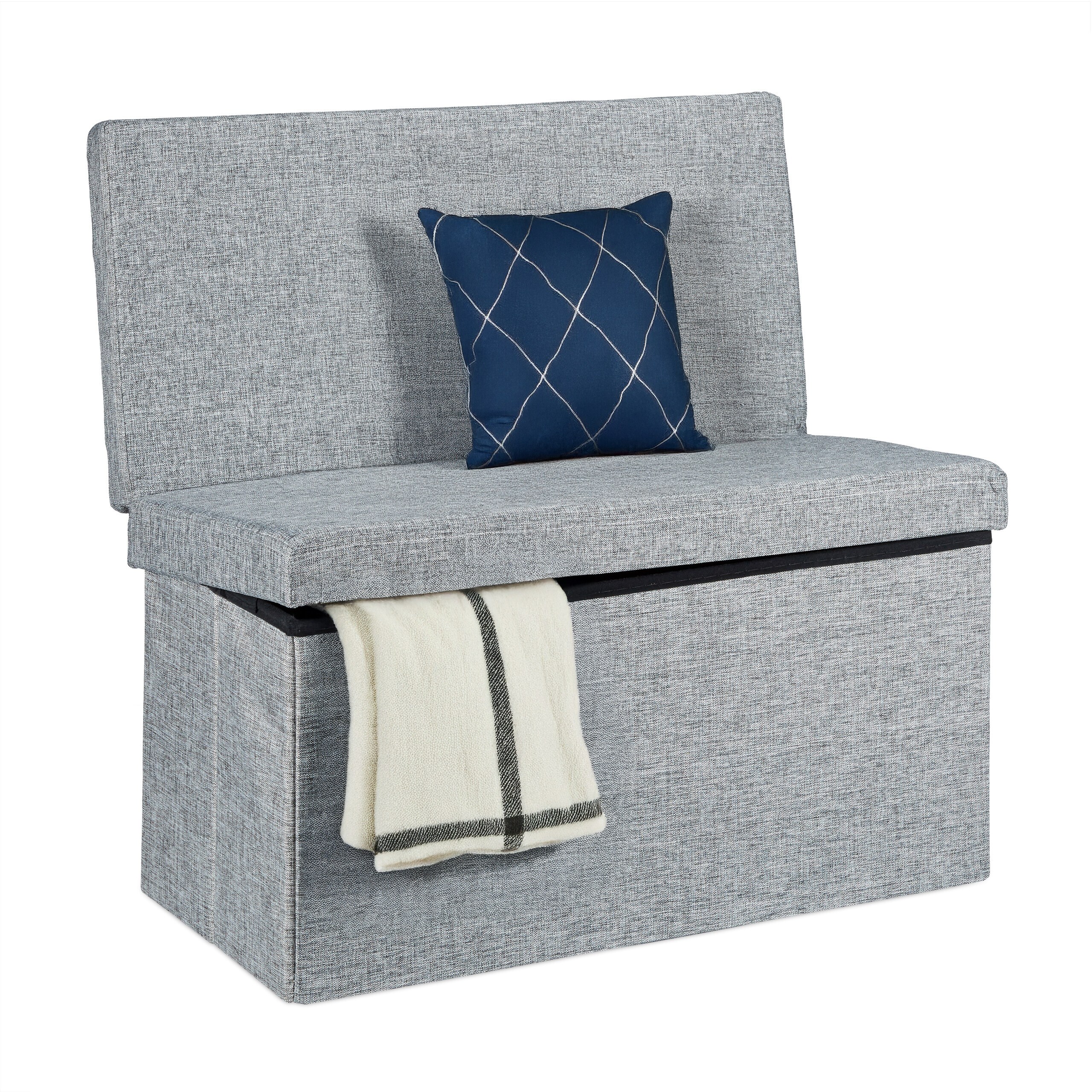 Image of Foldable Bench With Backrest, 77l, 73 X 76 X 38 Cm, Linen Cover, Grey, Removable Lid, Supports Up To 300 Kg, For Kids' Room, Living Room, And Kitchen, Storage Trunk, Seat Stool, Footrest, Relaxdays
