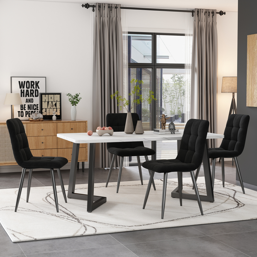 Rectangular Dining Table 117x68cm In Marble Look With Black Metal Frame – Modern Mdf Table For Dining Area, Living Room, Or Kitchen Island, Versatile Options