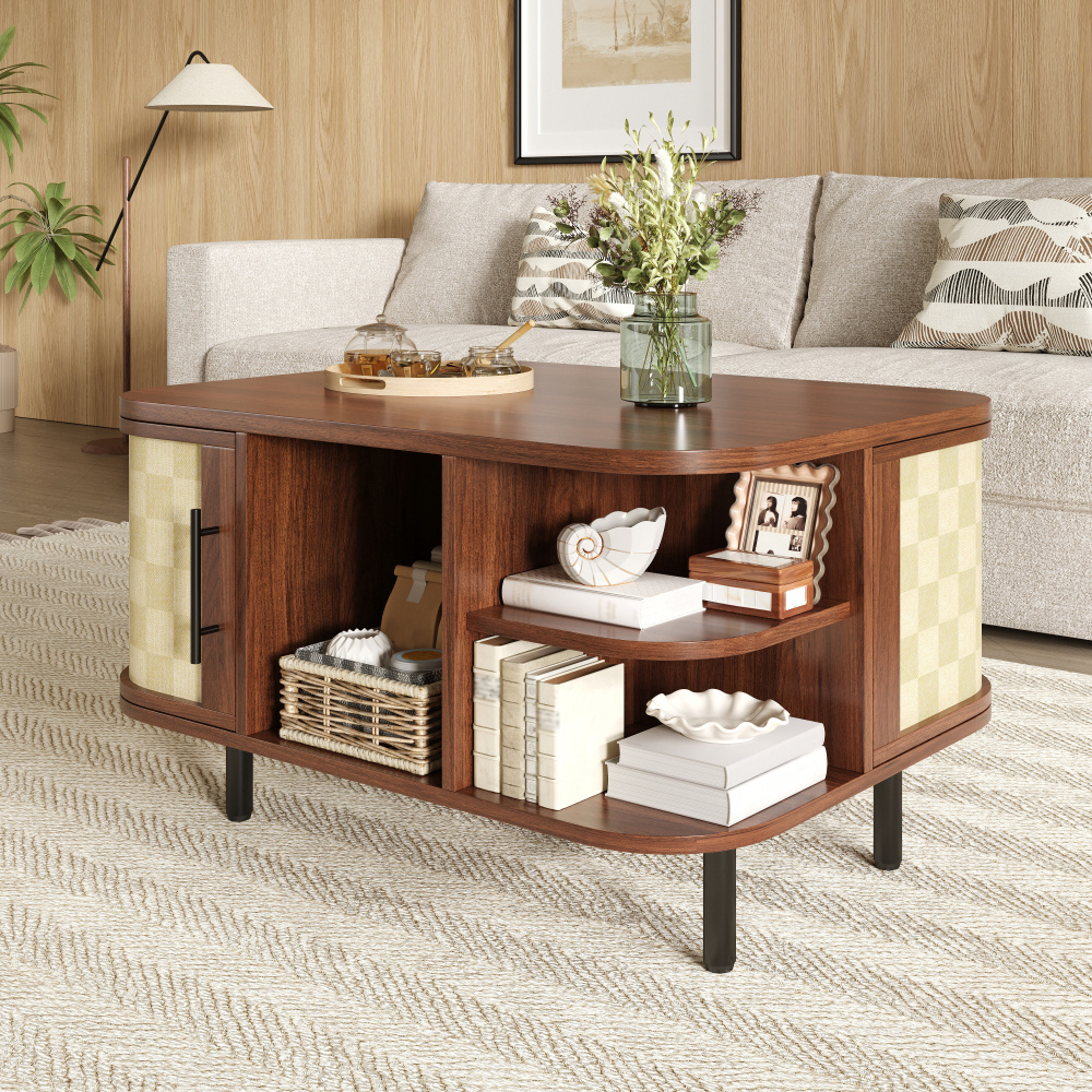 Image of Coffee Table, Side Table, Curved Shape, Woven Surface, Body, Metal Handles, Metal Legs, Storage Space, Living Room Table