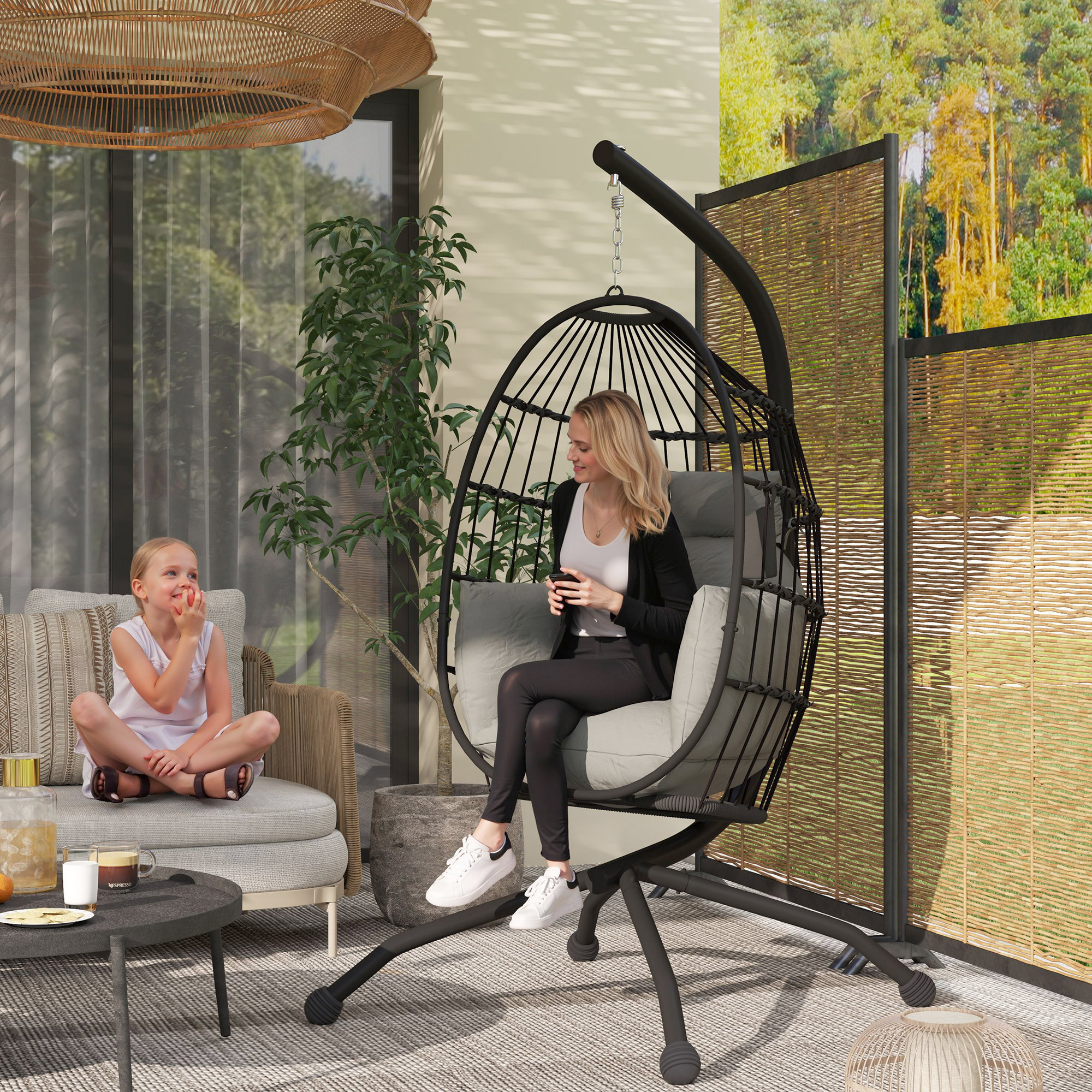 Image of Oval Hanging Chair With Frame, Foldable Hanging Swing With Cup Holder, Removable Washable Seat, Hammock, Swing Chair For Patio, Garden, Black