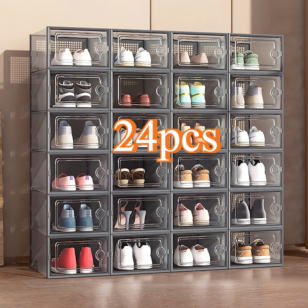 TEMU Pack Of 24 Stackable Shoe Boxes With Lid, Sturdy & Durable Shoe Storage Organisers, Easy Assembly, Space Saving Shoe Organizer Containers For