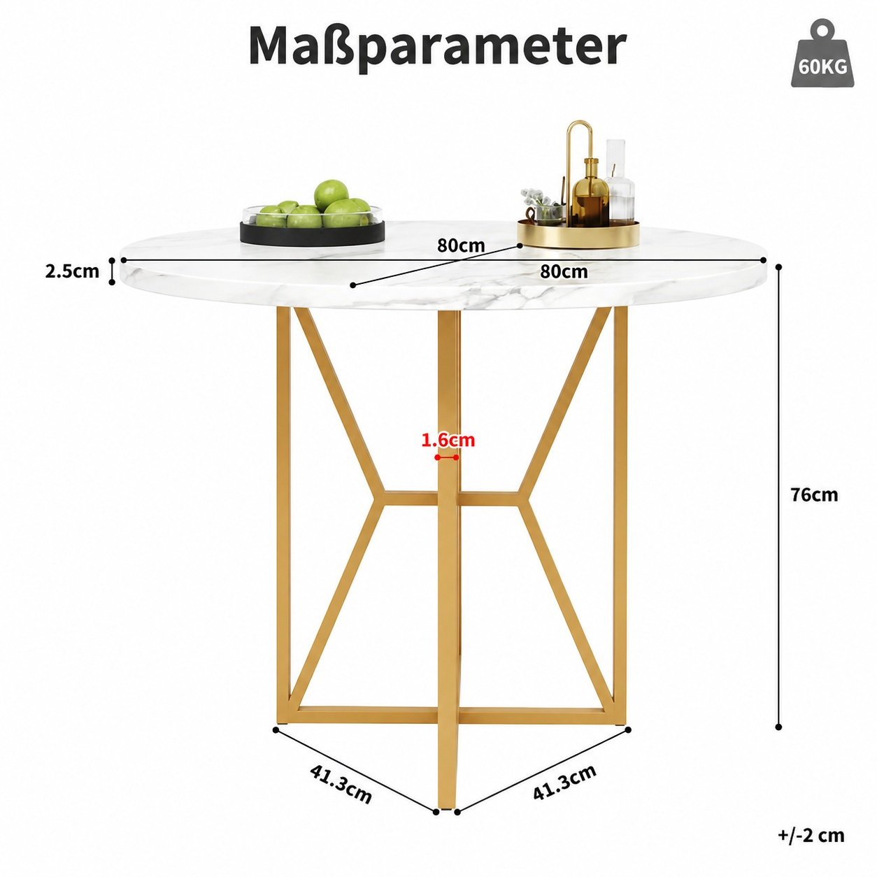 Image of Round Dining Table With Marble Optics, Frame, 80 Cm Diameter, For Apartments & Cafes