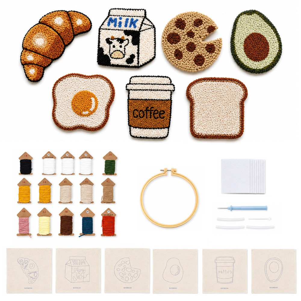 TEMU Punch Needle Coaster Kit For Beginners, Diy Hand Knotted Rug Hooking Embroidery Craft Set With Wooden Handle Punch Needle, Patterned Fabric