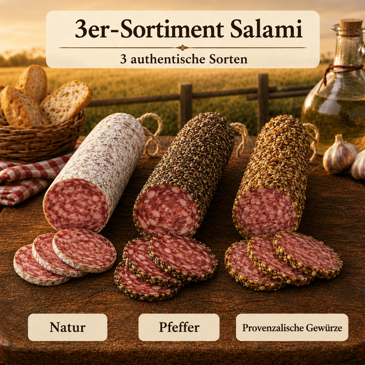 Image of 3-piece Salami Assortment - Flavors: Natural, Pepper, And Provençal Spices ◈ 100% French Salami ◈ Natural Casings And Hand-tied ◈ Artisanal Craftsmanship By Chillet House Since 1902