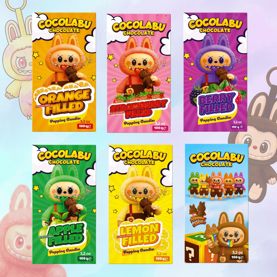 E-shop Cocolabu Schokolade mit Fruchtfüllungen: Zitrone, Erdbeere, Apfel, Orange, Beere & Mystery Flavor – 1x100g – Cremig & Fruchtig