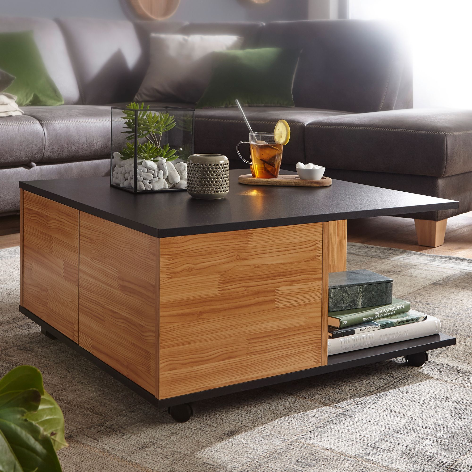 Coffee Table 70x70 Cm, Living Room Table With 2 Drawers, Sofa Table With Wheels, Table With 2 Compartments