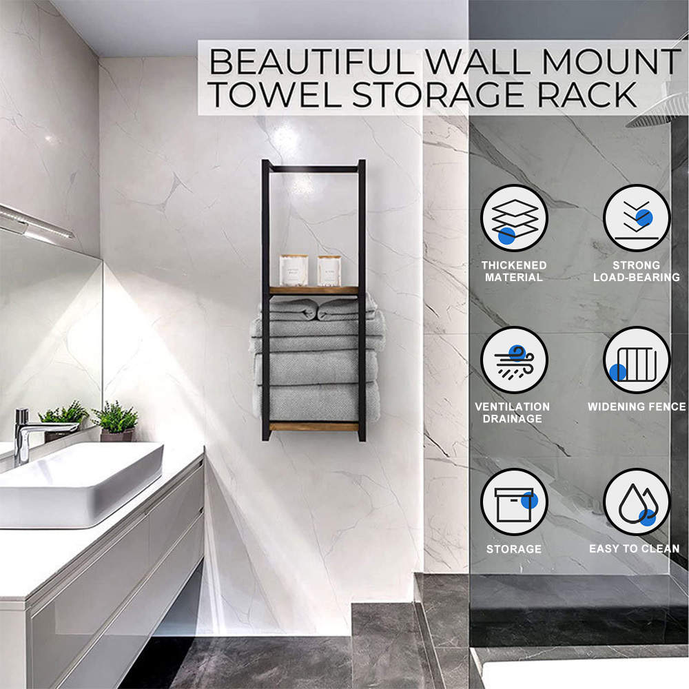 TEMU 1pc 2-tier Wall-mounted Towel Rack – Rustic Wood & Black Metal Bathroom Shelf. Heavy-duty, Space-saving Design To 8 Large Towels. Features