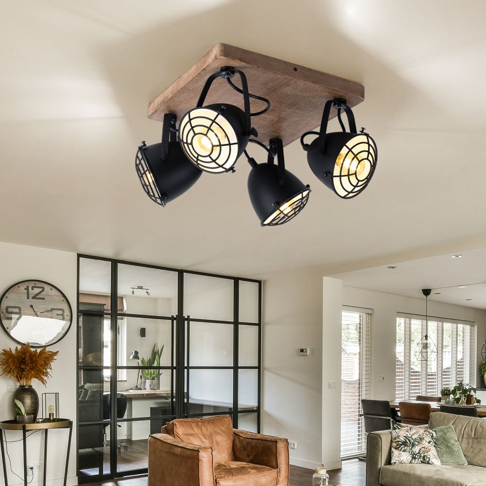Image of Wooden Lamp Black Dining Room House Ceiling Spotlight 4-flame, Swiveling Spot Bar, Matte Metal, 4x E14, Lxbxh 30x30x20.5 Cm
