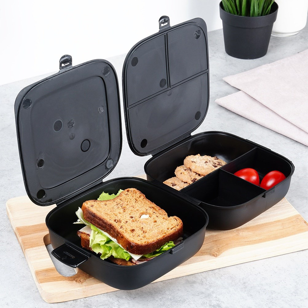 TEMU Breakfast Container Lunchbox Divided Black 2x700 Ml