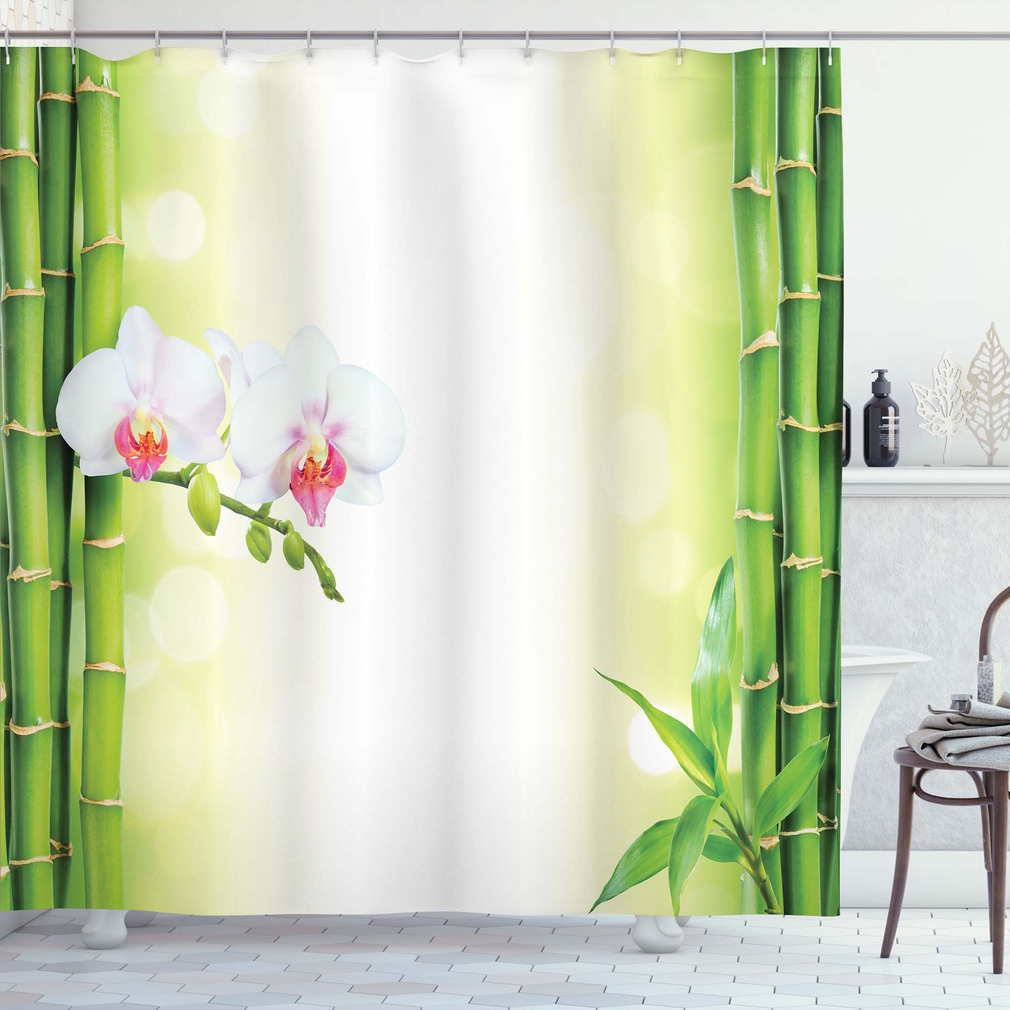 Image of Water-repellent Fabric Shower Curtain With 12 Hooks For The Bathroom