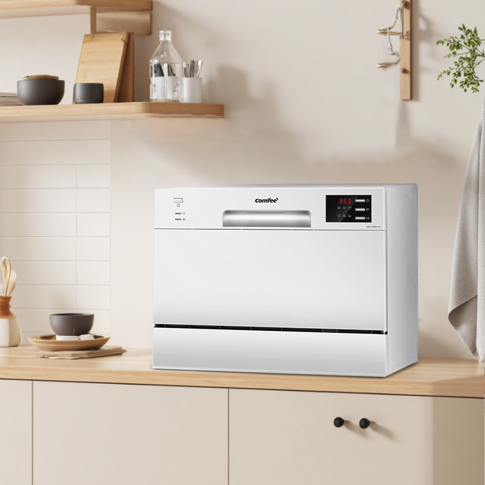 Midea COMFEE' Compact Tabletop Dishwasher – 6 Place Settings (Fits 67 Tableware Pieces, Up to 250mm Plates), 47dB Quiet Noise, Mini Countertop Size for Small Families & Couples, LED Display, 1-24H Delay Start, 6.5L Low Water (1/5 Vs Handwashing), White (Energy Class F) – Space-Saving for Small Kitchens