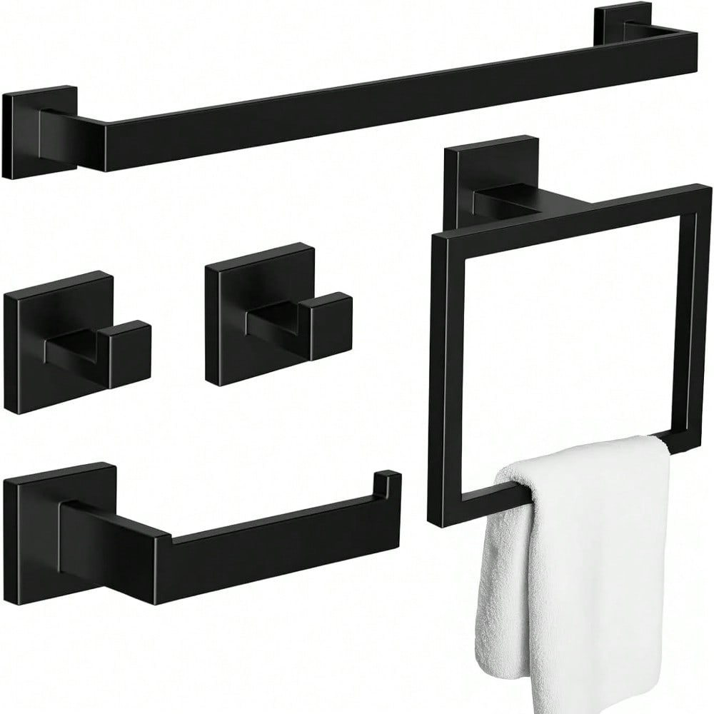 TEMU 5pcs Bathroom Hardware Pendant Set, Matte Black 304 Stainless Steel Towel Holder, Toilet Paper Holder, Towel Ring And Hook