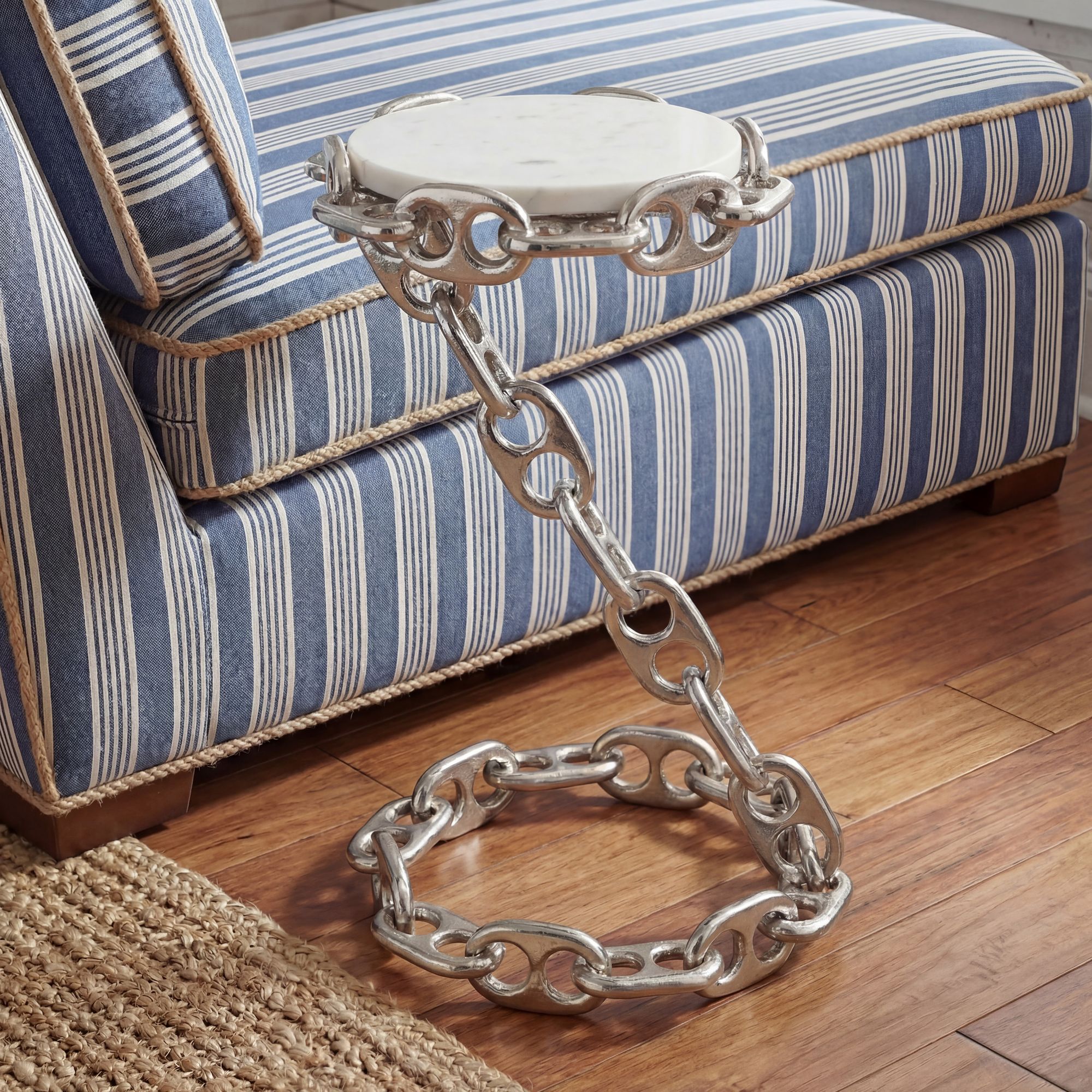 Image of Side Table Metal With Tabletop 31cm Round - Modern Accent Table Silver With Chain Base - Design Sofa Table - Lounge Table Coffee Table - Room Table Handmade