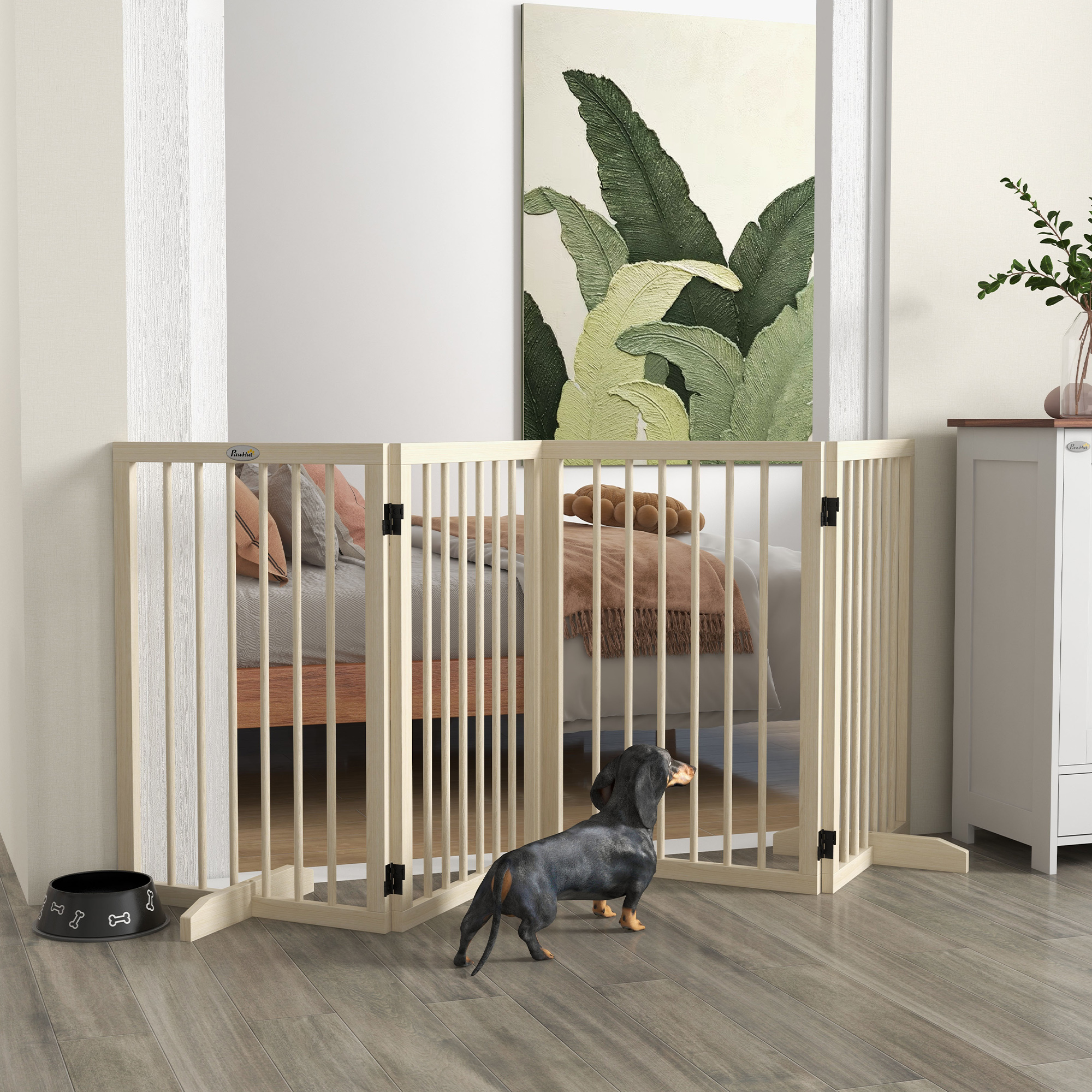 TEMU PawHut Barrière de sécurité pour chien barrière de protection modulable pliable à 4 panneaux clôture pour animal en bois avec pieds de support -