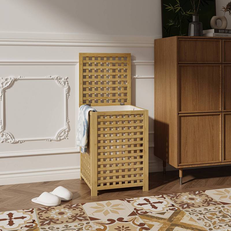 Jystiand Laundry Basket With Lid And Laundry Bag, Natural Bamboo