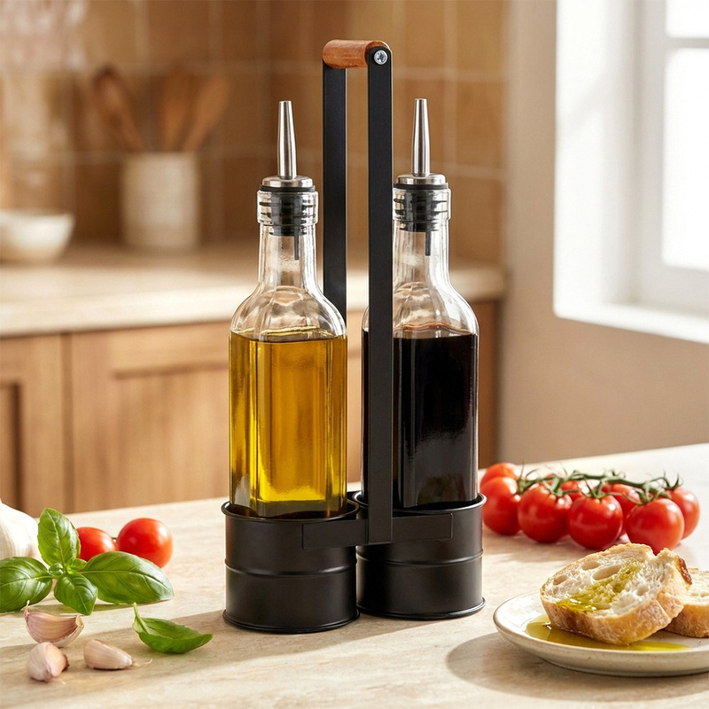 TEMU Set Of 2 Glass Bottles For Oil And Vinegar, 250 Ml Each, In A Metal Stand With A Wooden Handle, Practical Dispensers Made Of Stainless Steel,