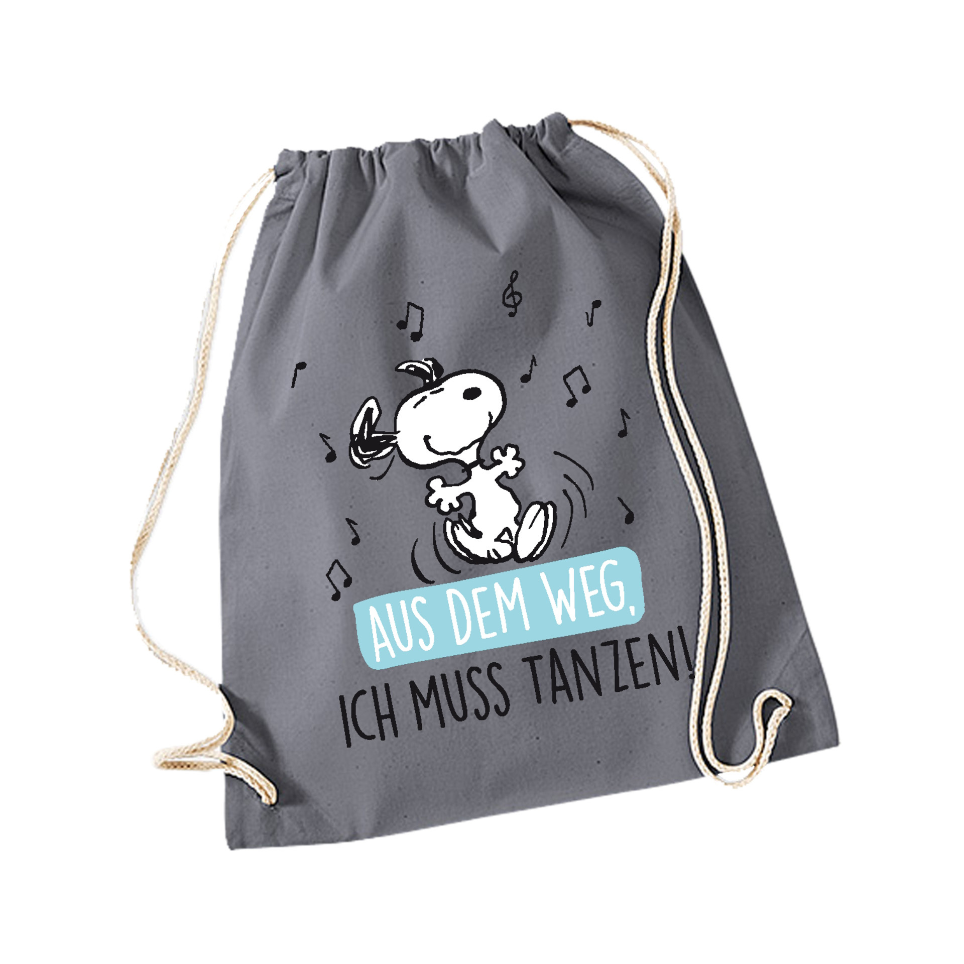 E-shop The Peanuts Turnbeutel Snoopy – Aus dem Weg, ich muss tanzen! Sportbeutel Rucksack mit Kordelzug Grau