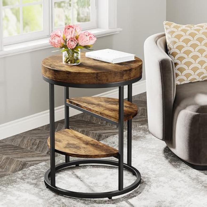 Image of Vintage Round End Table, 3-tier Side Table With Storage Shelves, Industrial Nightstand For Small Spaces, Farmhouse Wood Metal Accent Table For Living Room, Bedroom, Sofa, Bedside, Rustic Brown