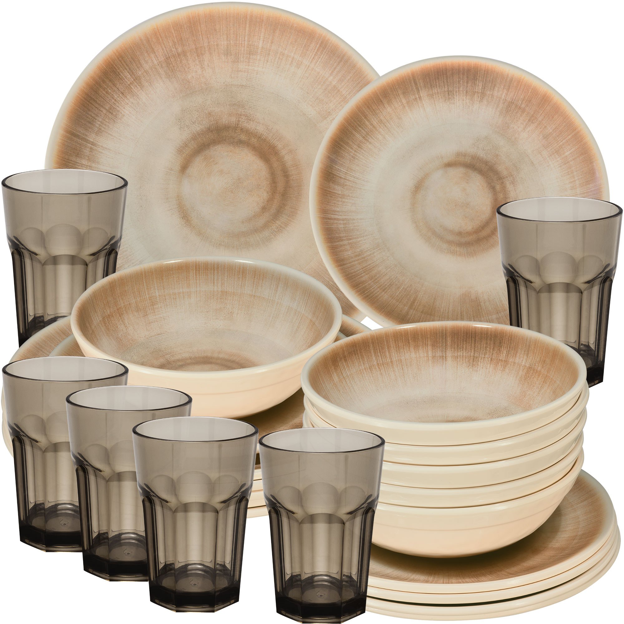 Image of Sand Camping Tableware Set For 6 People - 24 Pieces - With Brown 400ml Dishwasher-safe Drinking Glass, Dinnerware, Camping Accessories, Camping Set