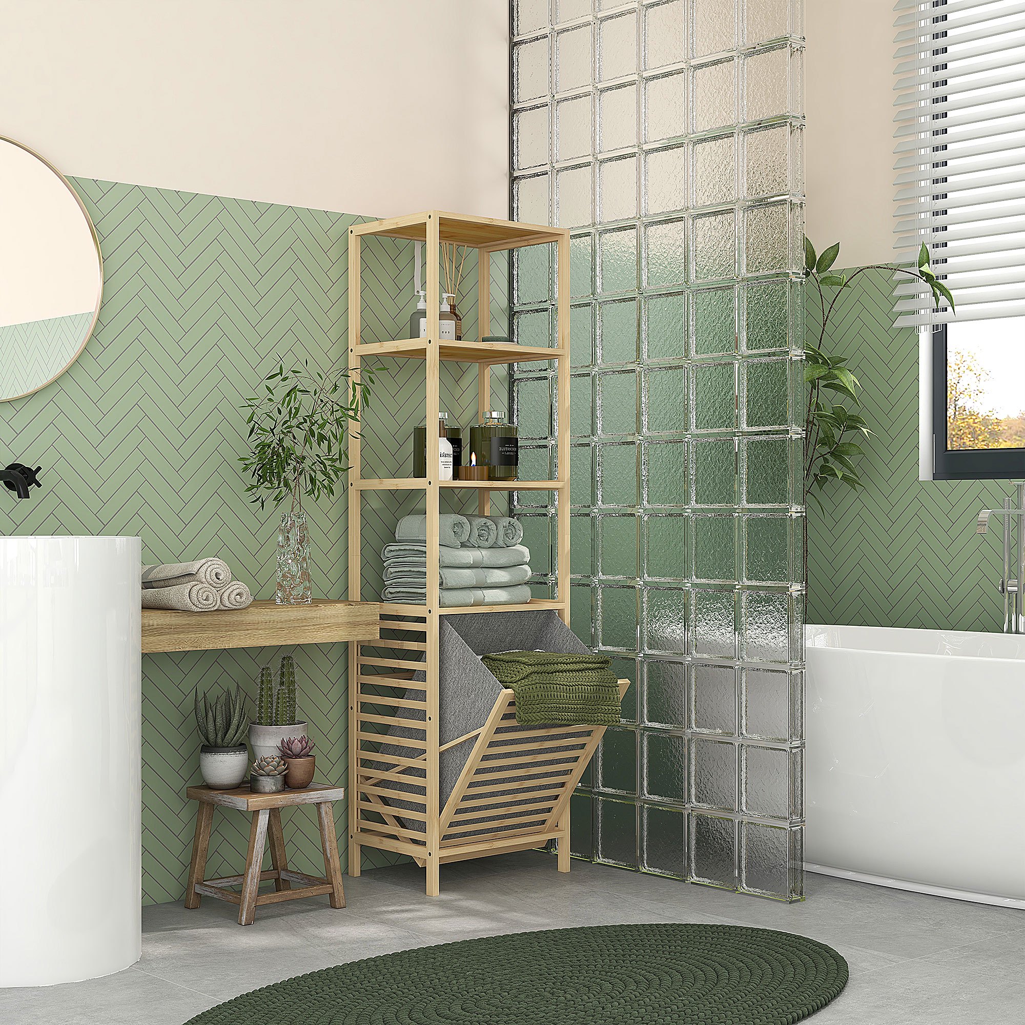 Image of Bamboo Bathroom Shelf With Laundry Basket, 3-tier Bathroom Organizer With Pull-out Fabric Basket, Tilt-proof Cabinet For Living Room Or Bathroom, 44 X 33 X 160 Cm