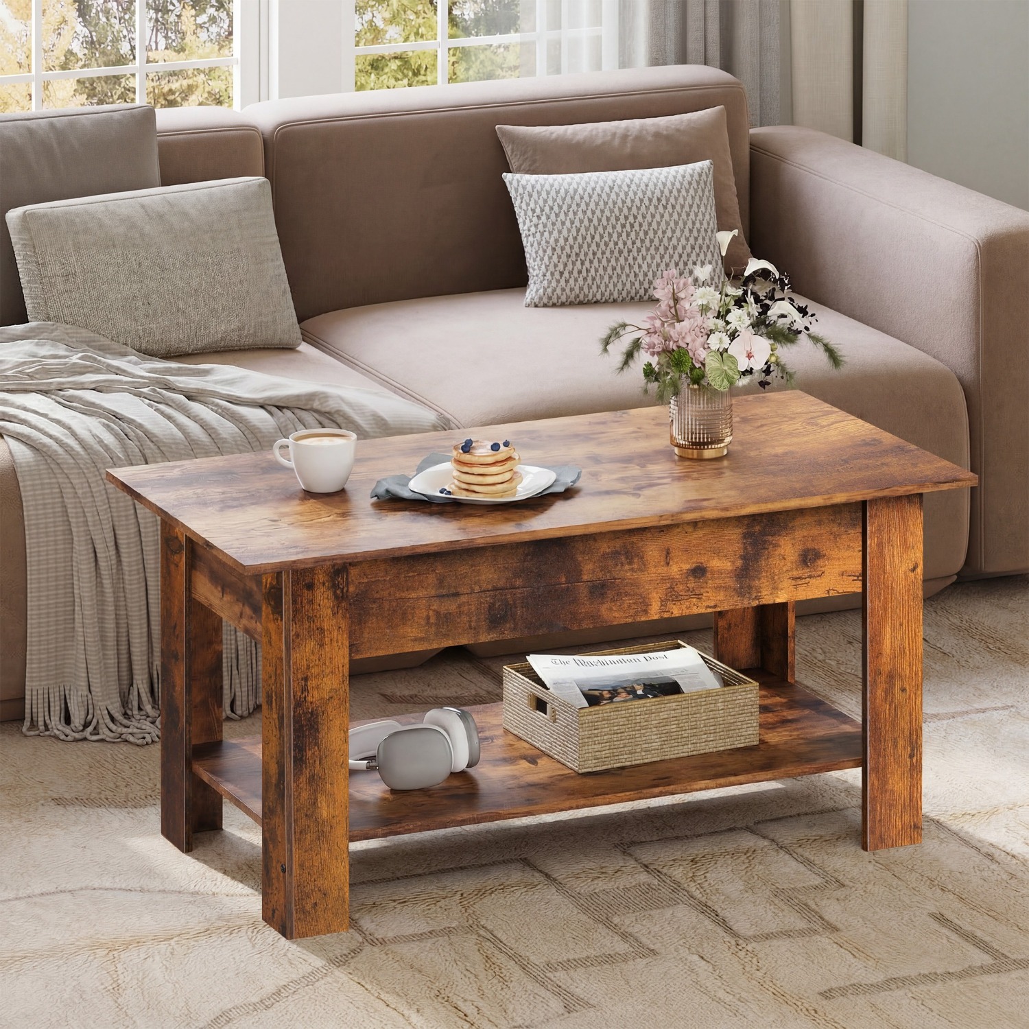98cm Lift Up Coffee Table with Storage & Hidden Compartment