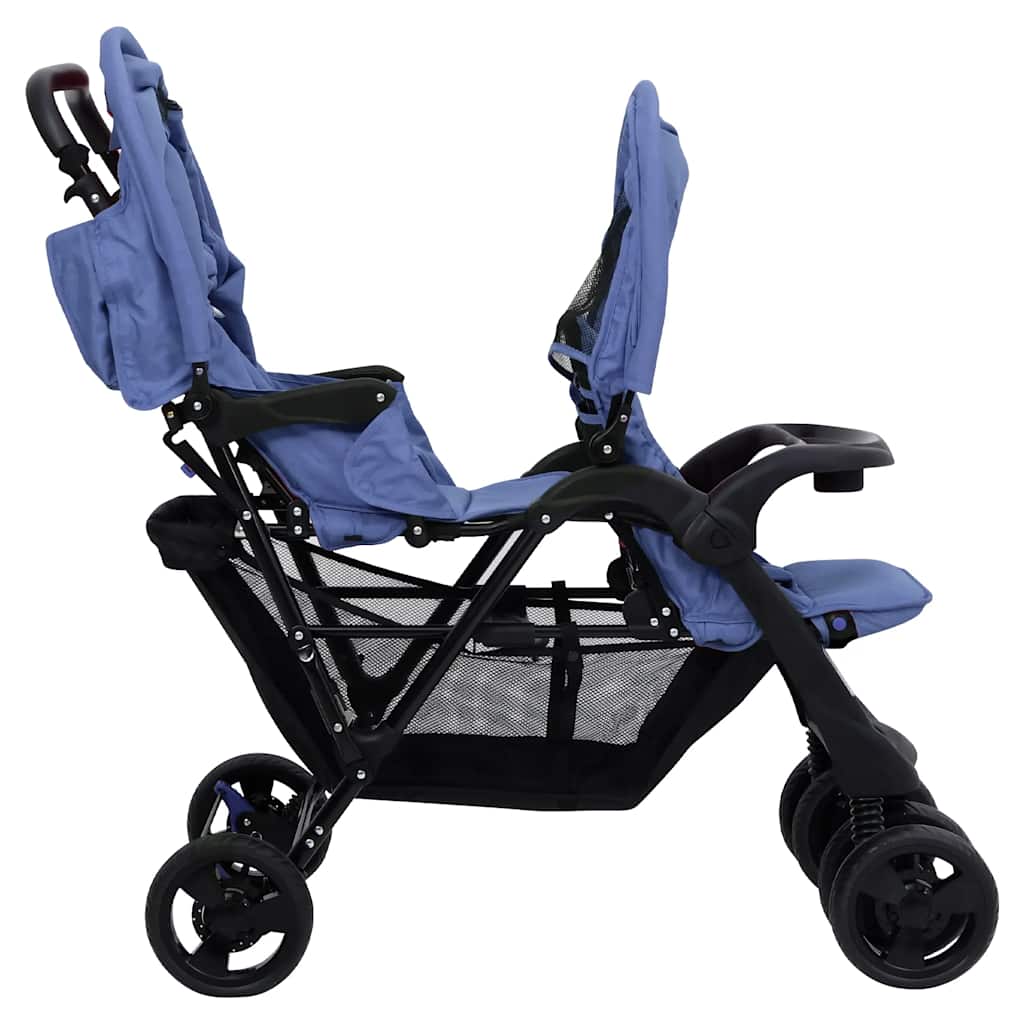 Marineblauwe Stalen Dubbele Wandelwagen – Tweelingwagen, Opvouwbare Wandelwagen, Lichtgewicht Babywagen, Babyaccessoires, Kinderveiligheid