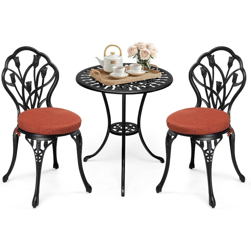 Image of Bonnlo Bistro Set, Bistro Table With 2 Chairs & 2 Cushions, Cast Aluminum Garden Furniture Set, For Garden, Balcony, Terrace, And Indoor, Black And Red