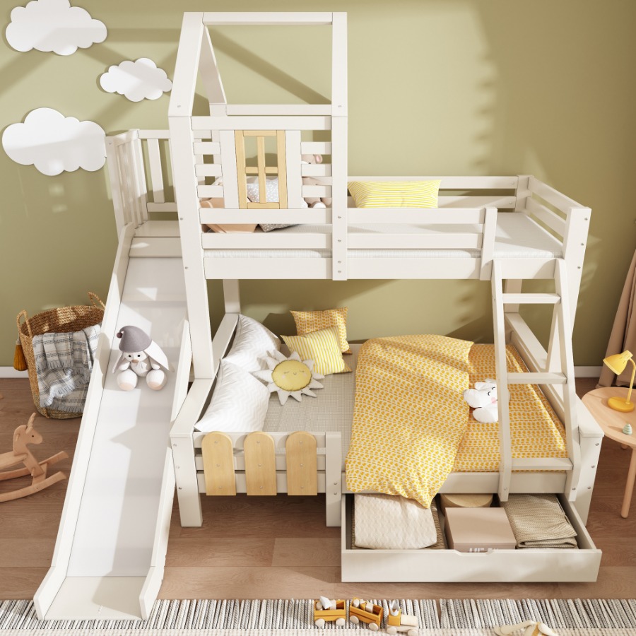 Bunk Beds for Kids, Wooden Cabin Bed with Ladder and Slide, Multi-functional Tree-house Bed, Children's House Bed, Twin Sleeper (90+135) x 190 cm, Solid Wood, White