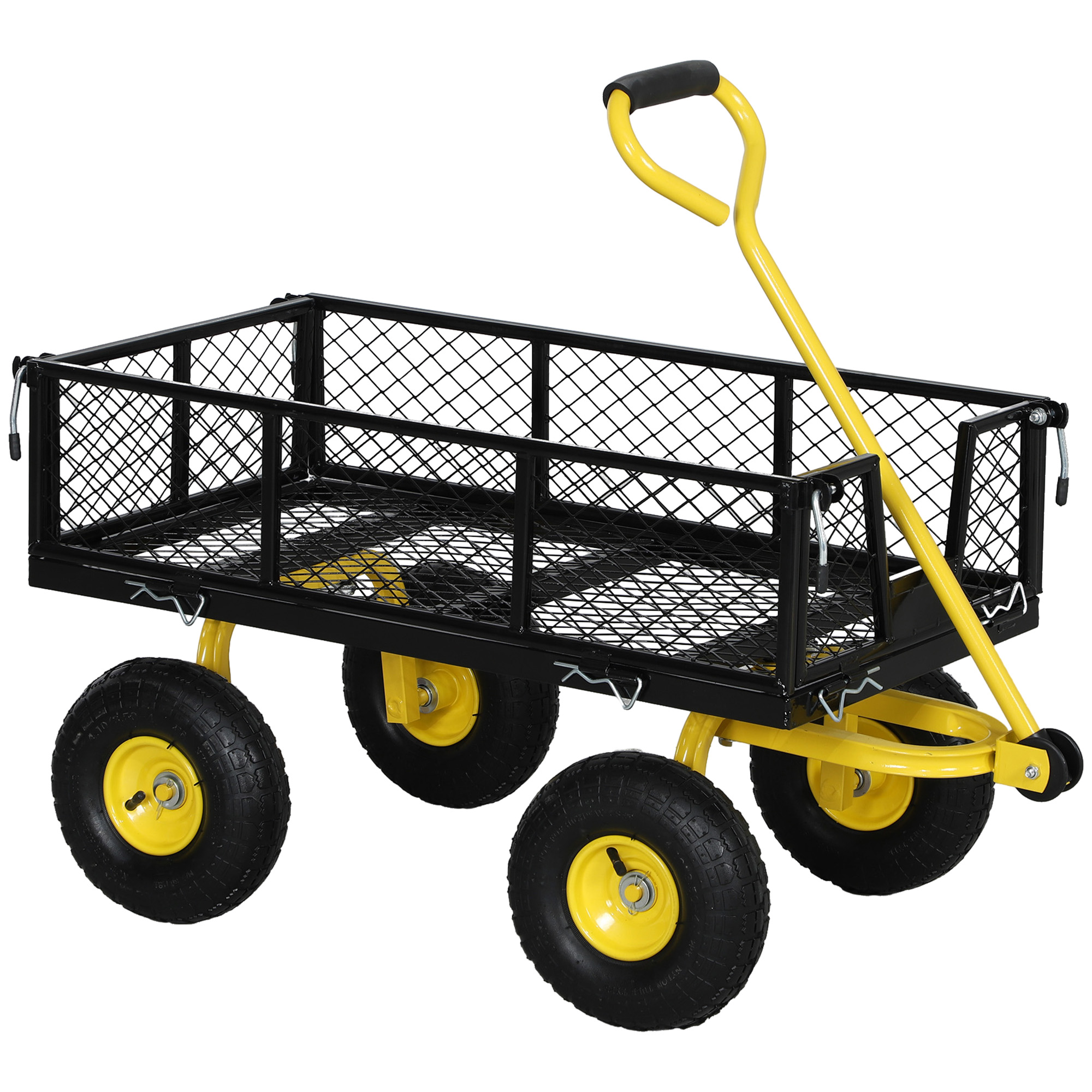 TEMU Outsunny Garden Cart Steel Wagon, Transport Cart, Detachable Sides Convertible To Tray, 4 Wheels, 200 Kg, Cart, Trailer, 180° Rotating Handle,