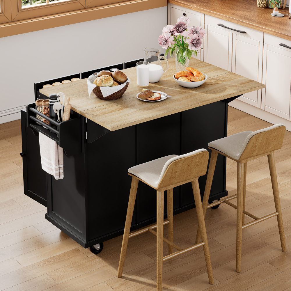 Kitchen Island With Soft-closing Hydraulic Damper 112x46.2-76.2x92.7cm, Extendable Worktop, , Spice Rack, Towel Holder, For Kitchen, Dining Room, Small Apartments – Quiet & Comfortable