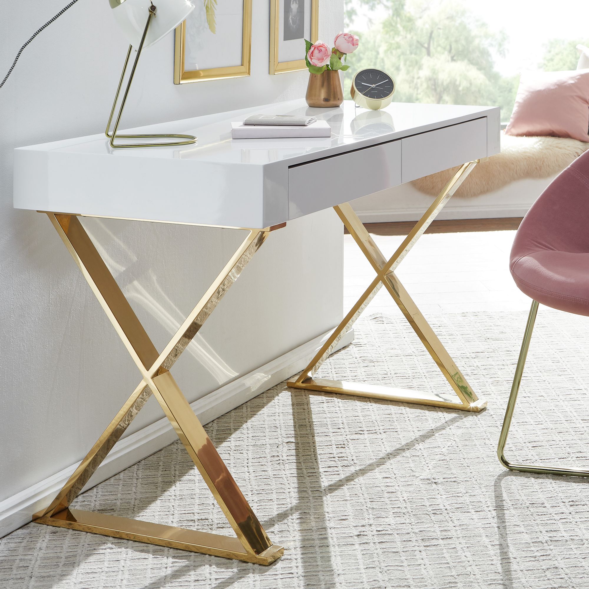 Desk 118x76x57 Cm Wood High-gloss White Metal Legs Golden, Desk Pc Desk Office Desk With Drawers