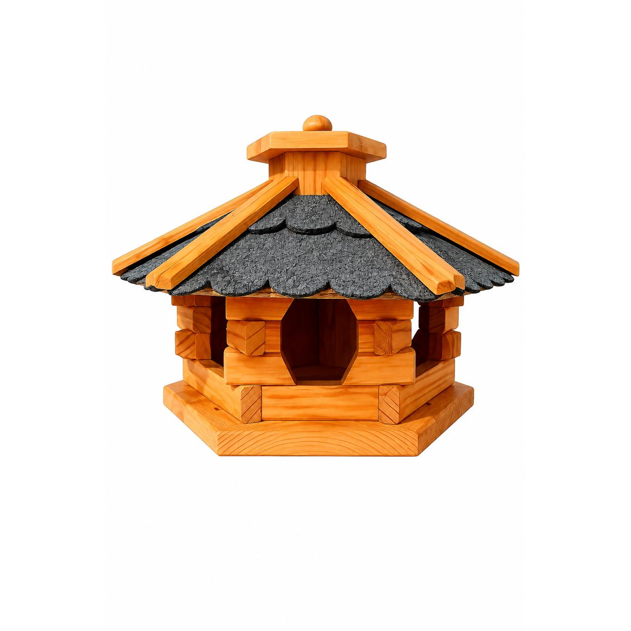 Image of Handcrafted Bird Feeder House M - Outdoor Birdhouse, (lxwxh 43x43x30 Cm), Weatherproof & Winterproof, Wooden Bird Feeding Station For , Hexagonal Birdhouse For Garden, Terrace & Balcony, Brown / Black