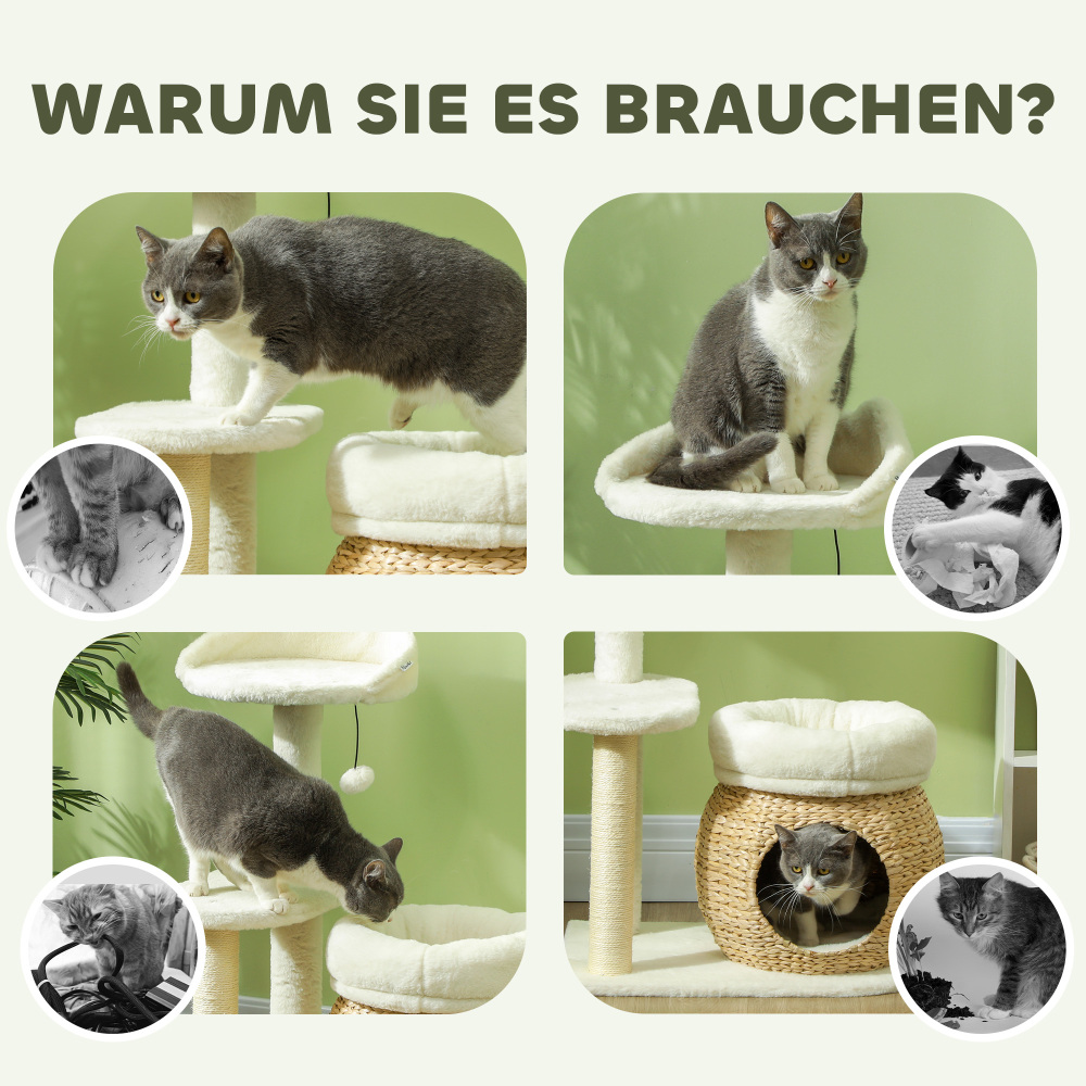 Arbre à chat PawHut 79 cm avec niche, lit, balles de jeu et griffoirs en sisal, pour chats jusqu'à 5 kg, blanc crème